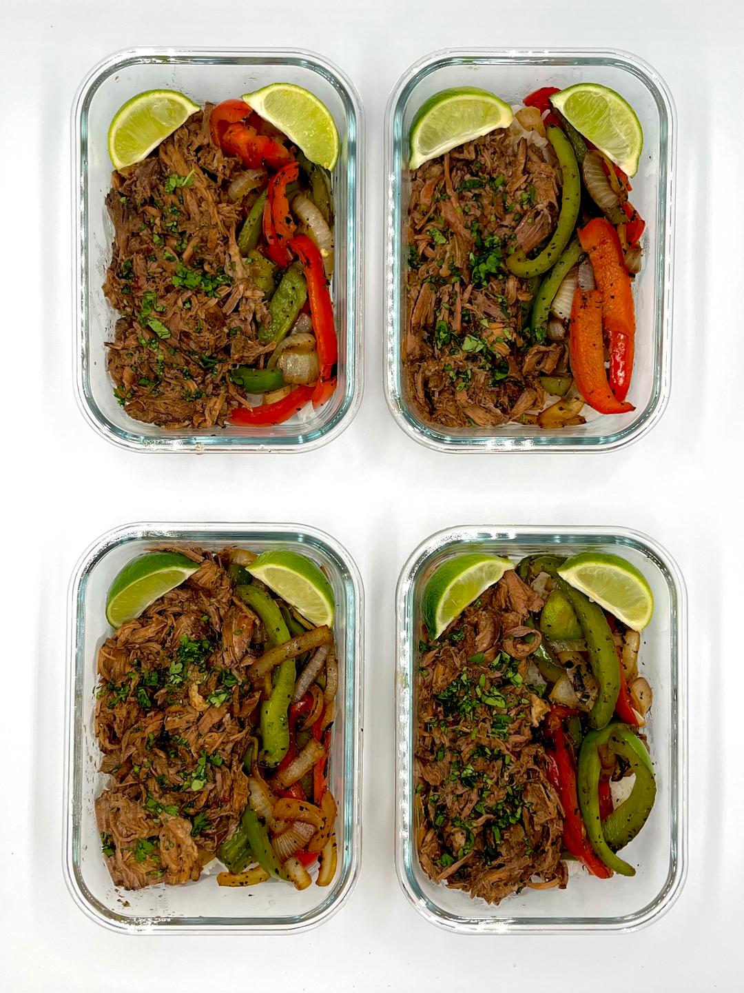 Four prepared servings of Chipotle Barbacoa Bowls