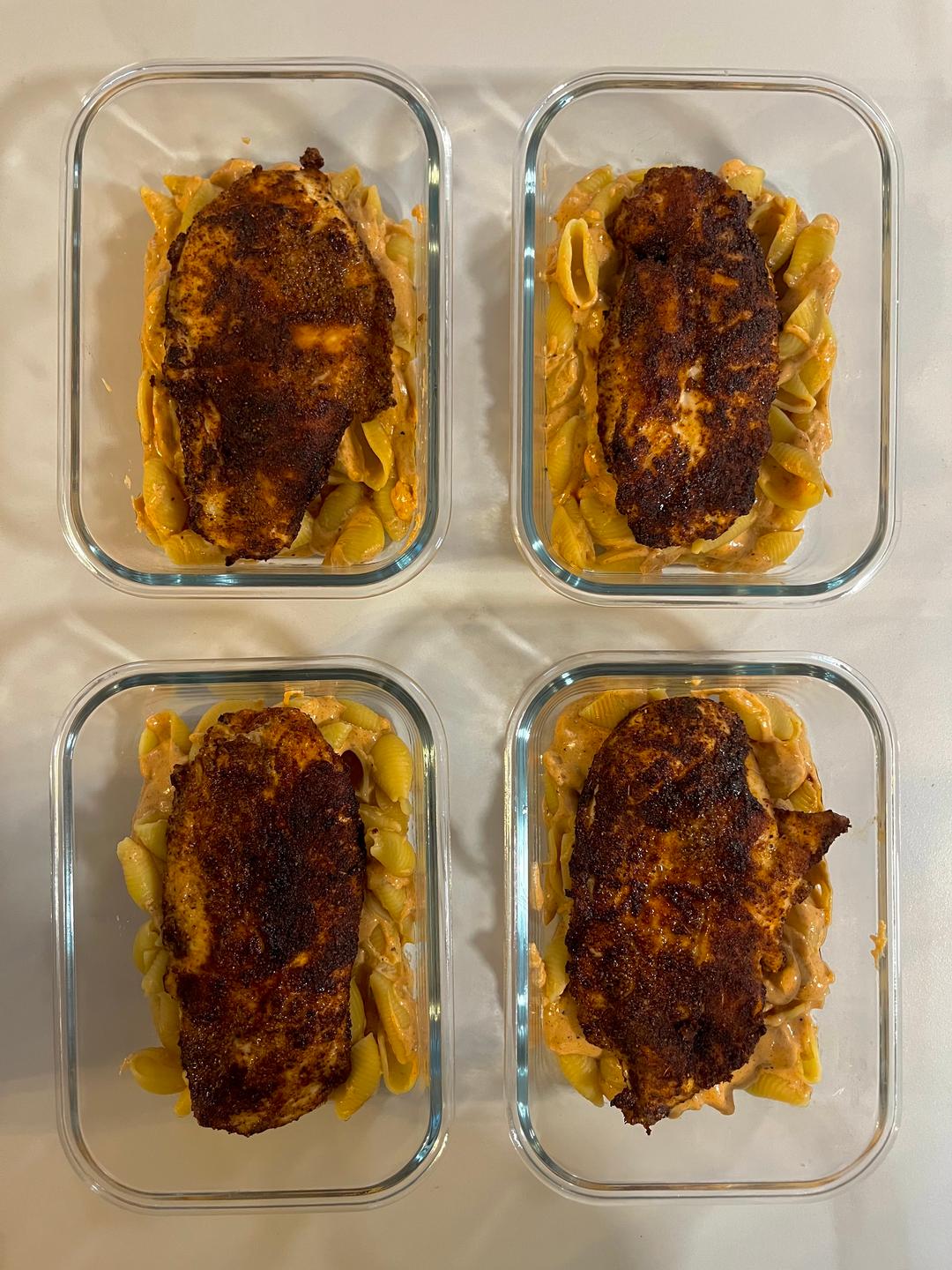Four prepared servings of Chipotle Chicken Mac & Cheese