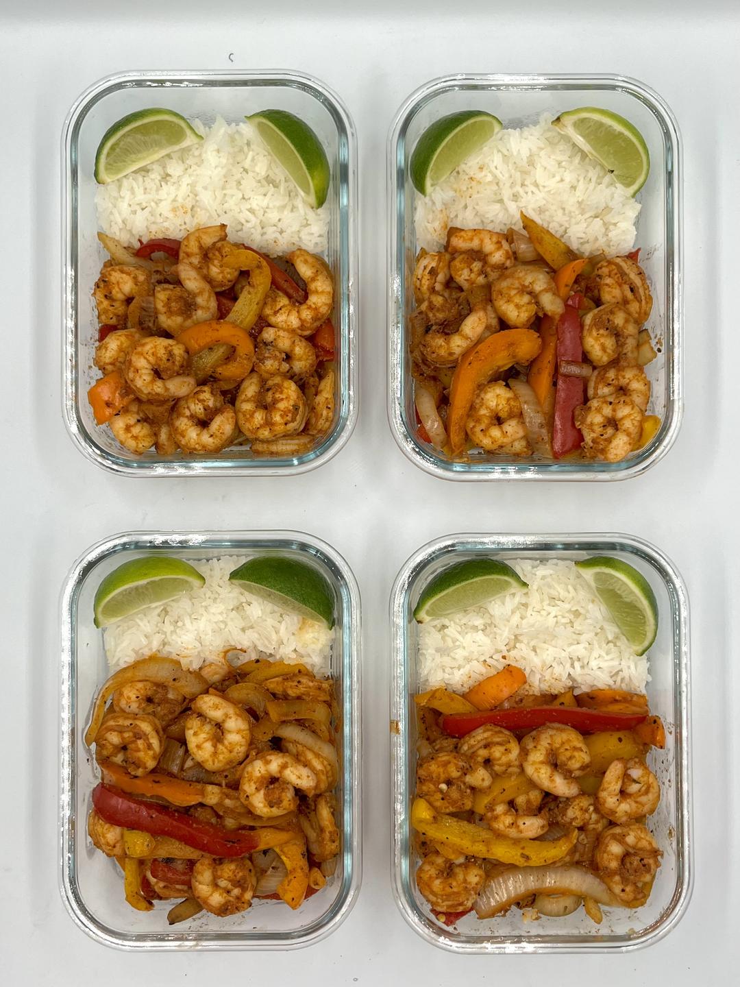 Four prepared servings of Fajita Shrimp Bowls