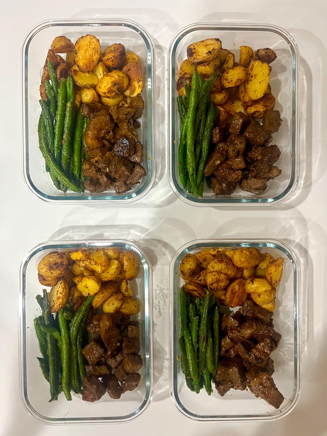 Four prepared servings of Garlic Balsamic Steak Bites