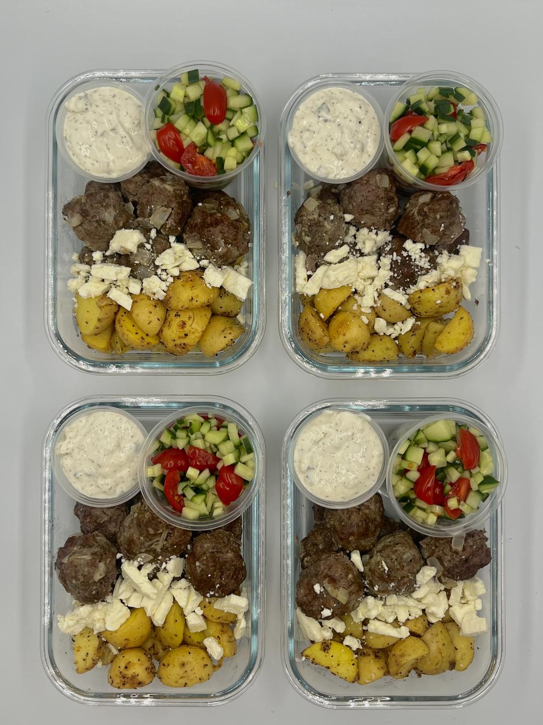 Four prepared servings of Greek Meatballs