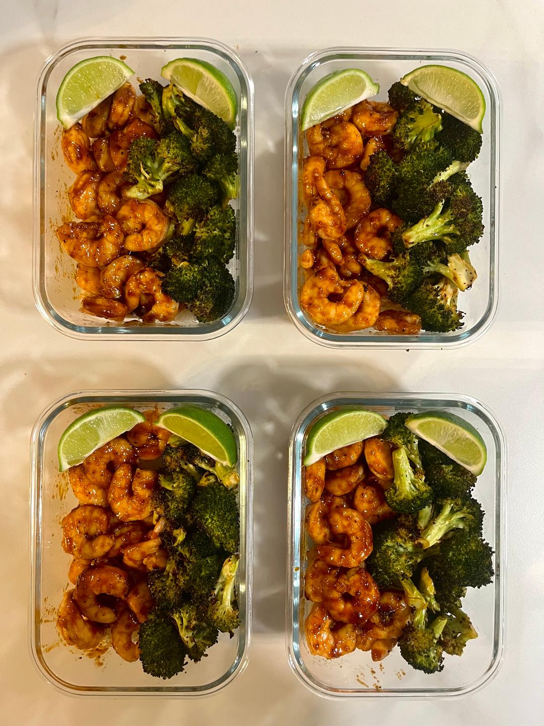 Four prepared servings of Honey Sriracha Glazed Shrimp