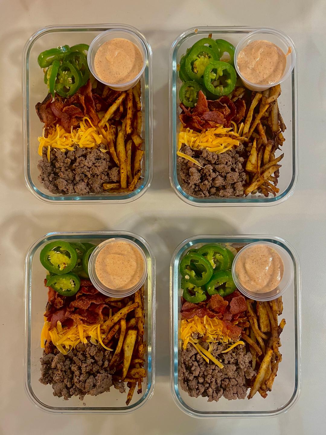 Four prepared servings of Jalapeño Bacon Cheeseburger Bowls