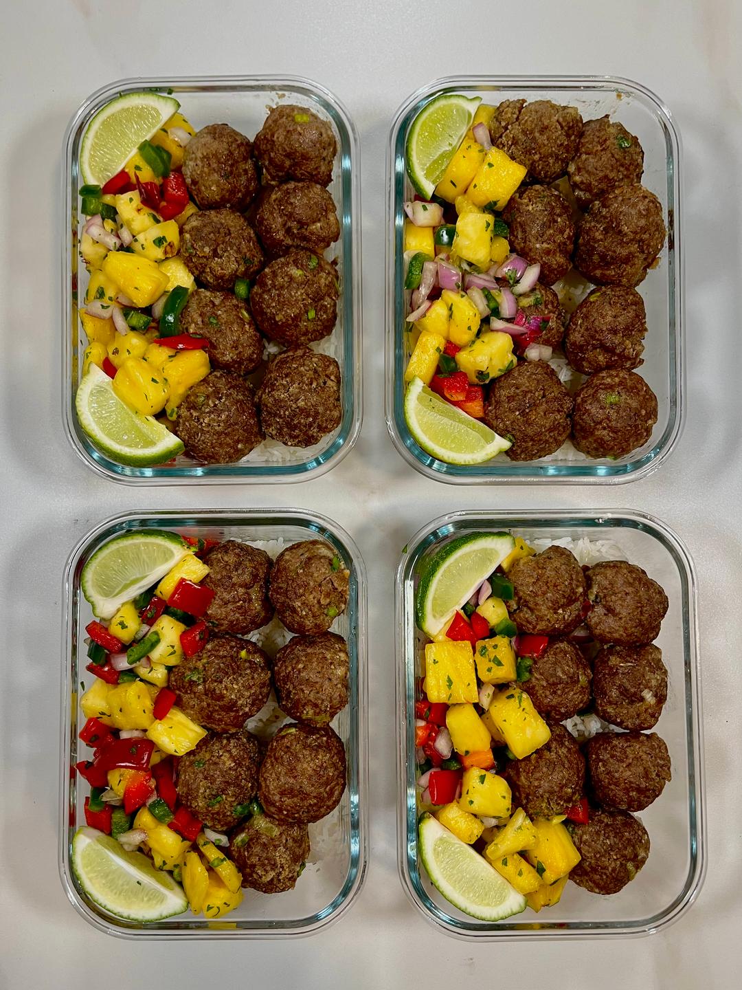 Four prepared servings of Jamaican Jerk Meatballs