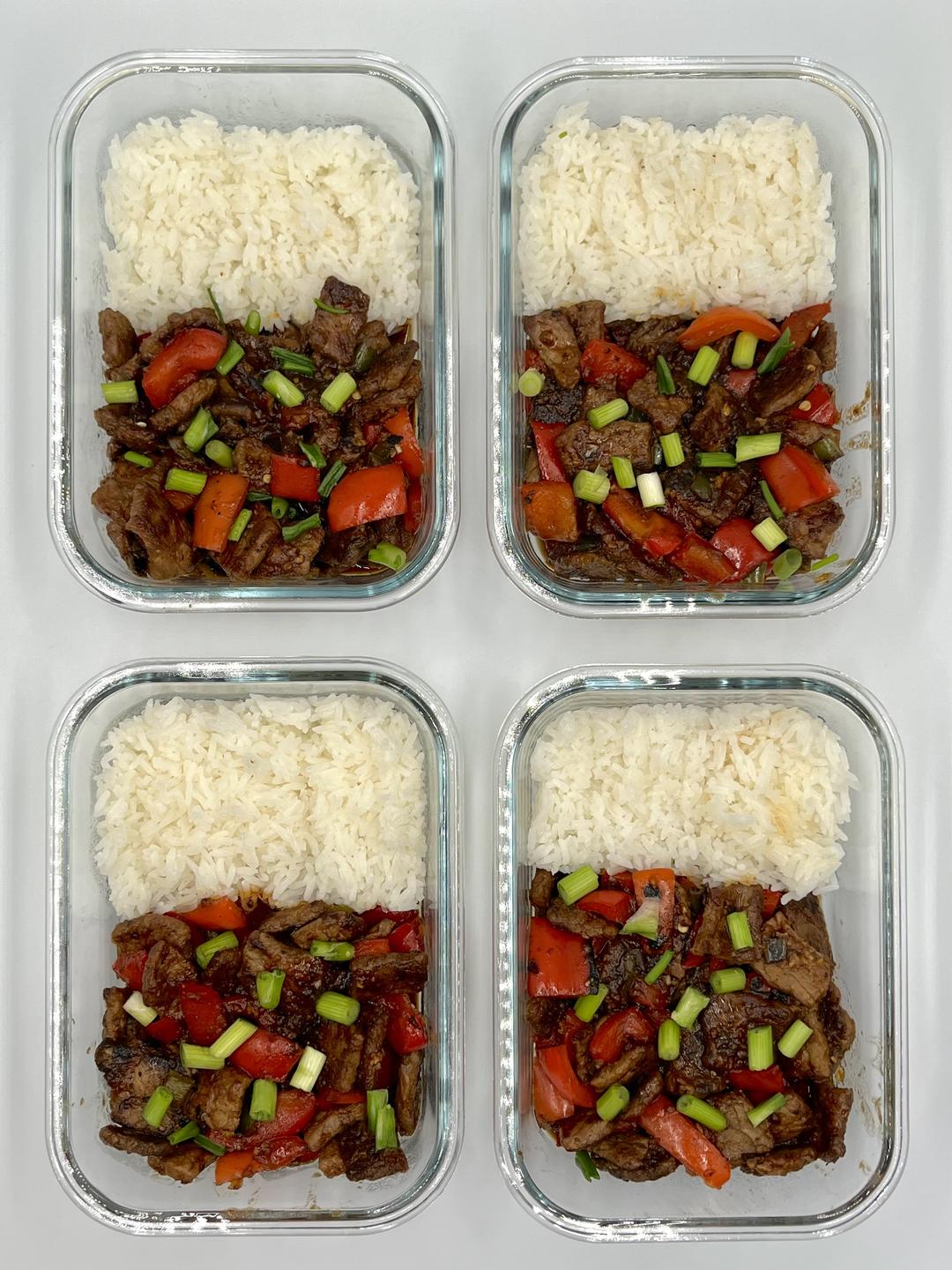 Four prepared servings of Mongolian Beef