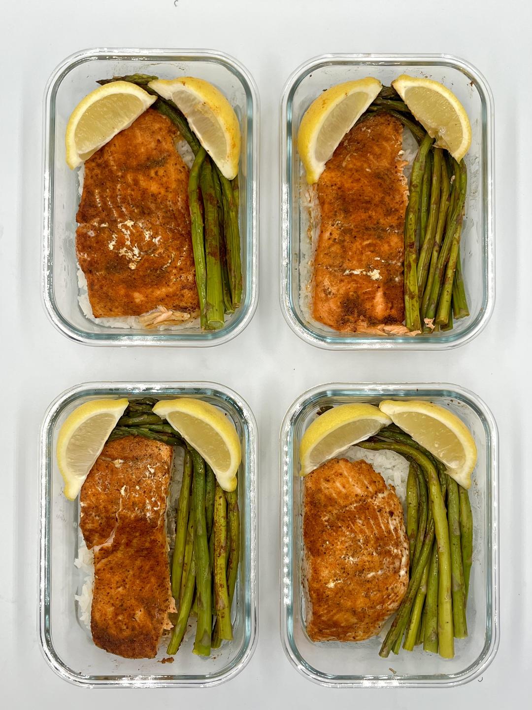 Four prepared servings of Old Bay Salmon