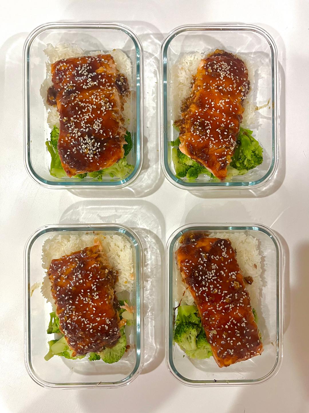 Four prepared servings of Salmon Teriyaki Bowls