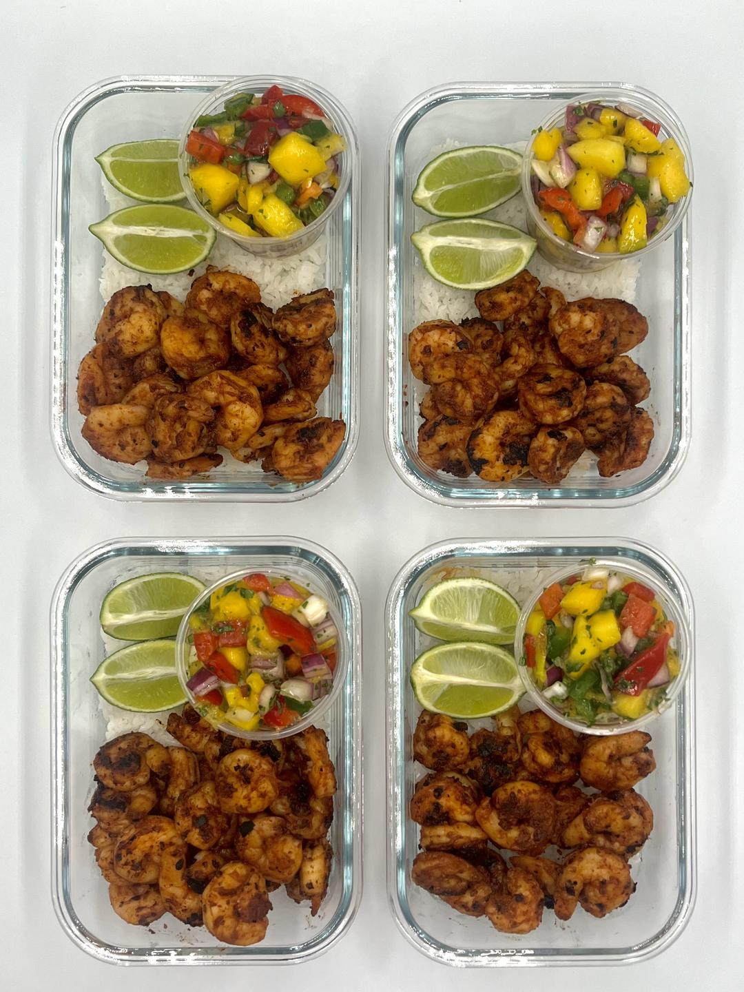 Four prepared servings of Shrimp with Mango Salsa