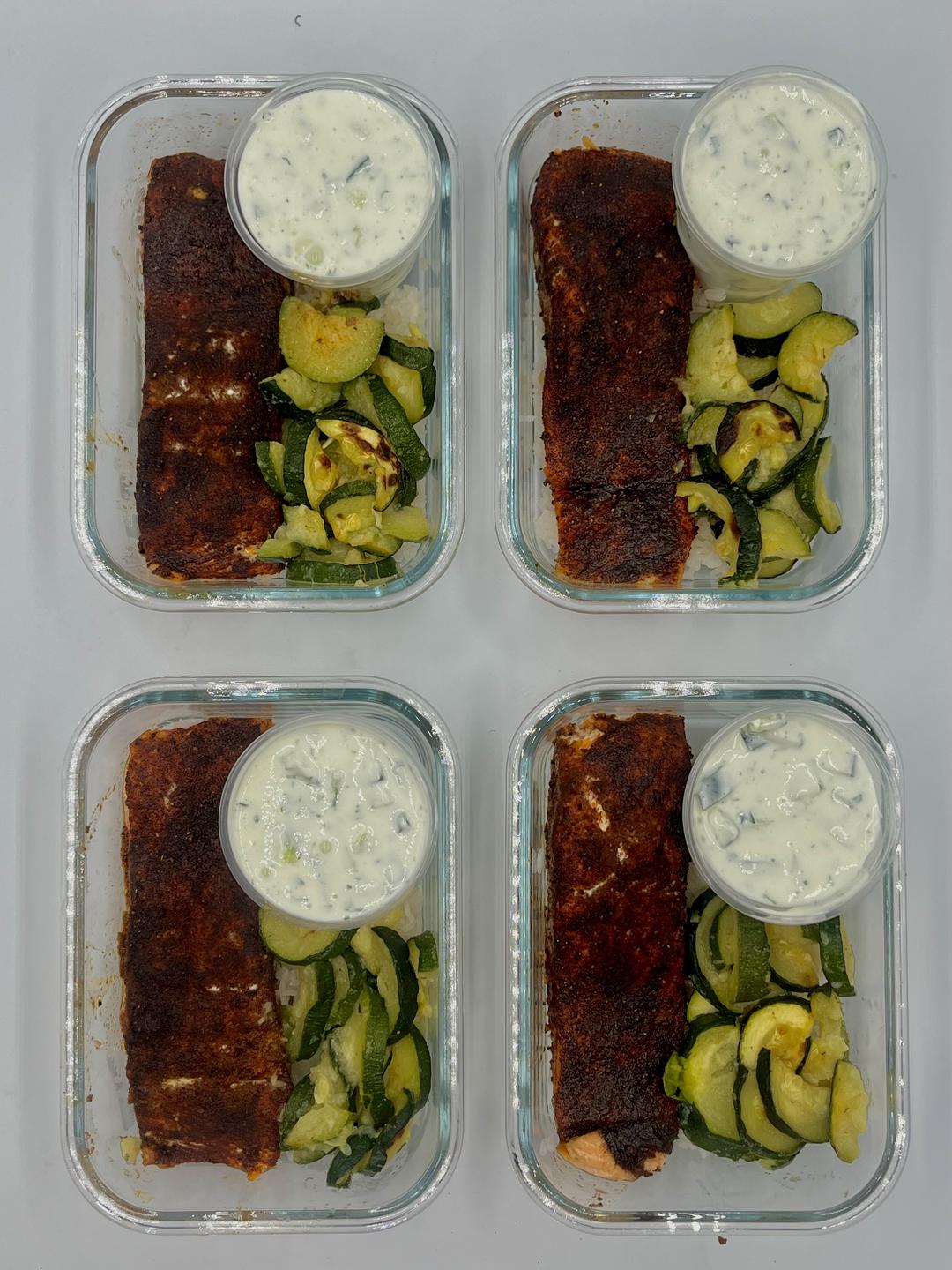 Four prepared servings of Baked Tandoori Salmon