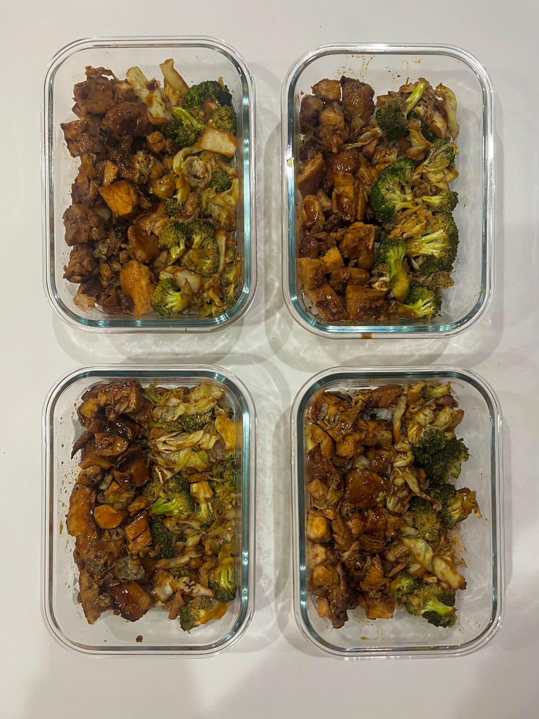 Four prepared servings of Chicken Teriyaki Bowls