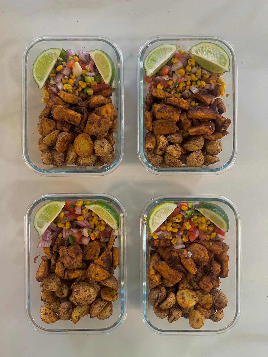 Four prepared servings of Chipotle Adobo Pork Bowls