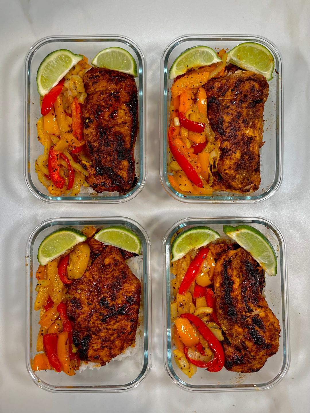 Four prepared servings of Chipotle Honey Chicken Bowls