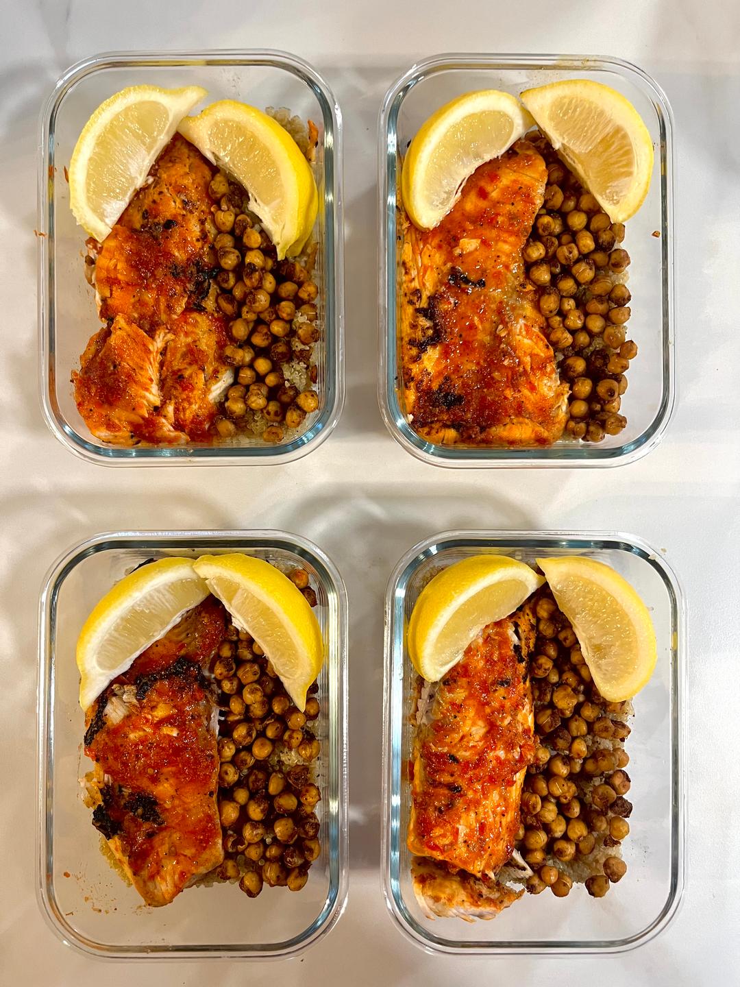 Four prepared servings of Glazed Harissa Tilapia Bowls