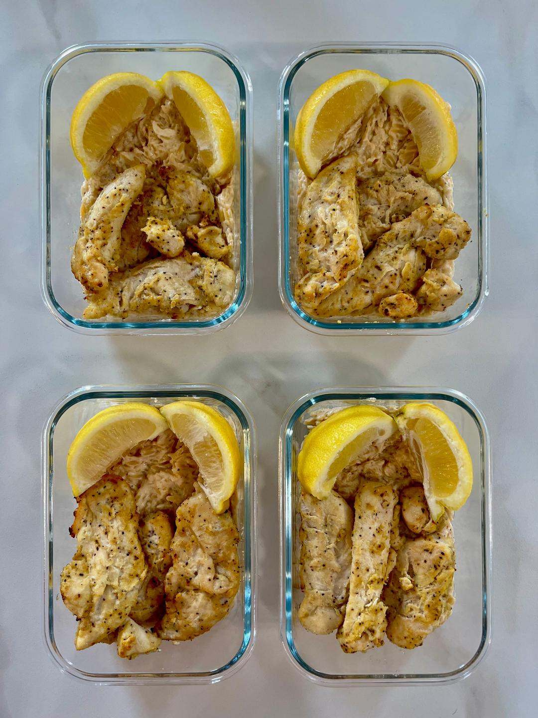 Four prepared servings of Lemon Pepper Chicken Orzo