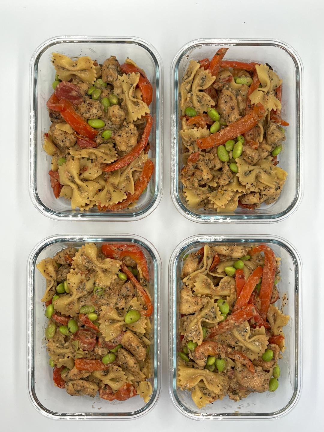 Four prepared servings of Pasta Primavera