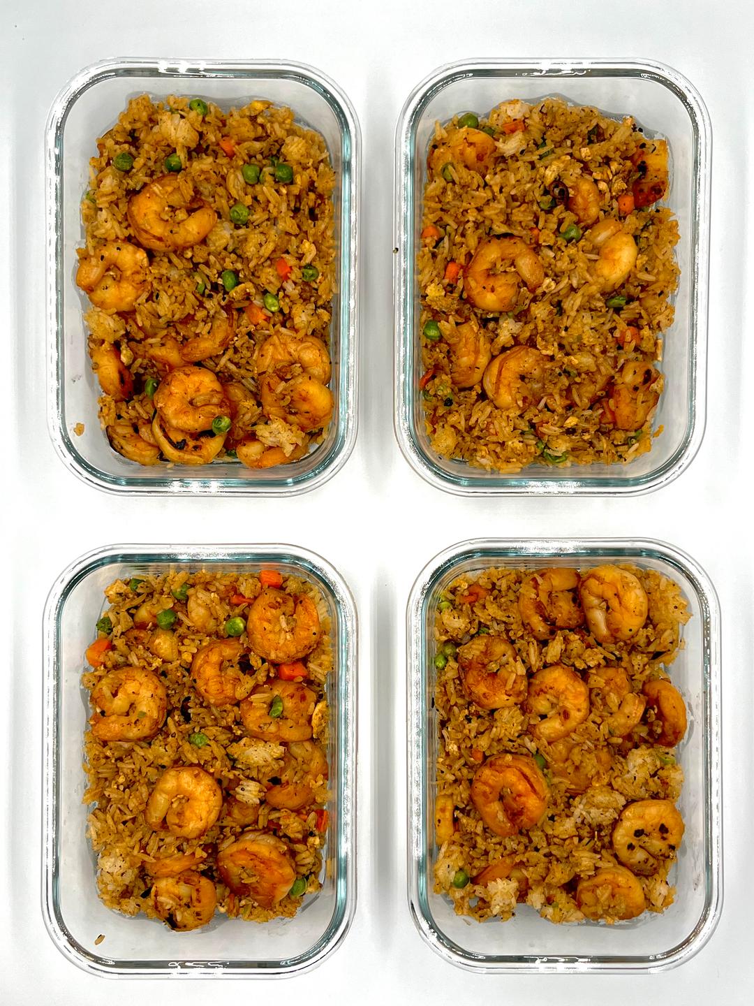 Four prepared servings of Shrimp Fried Rice