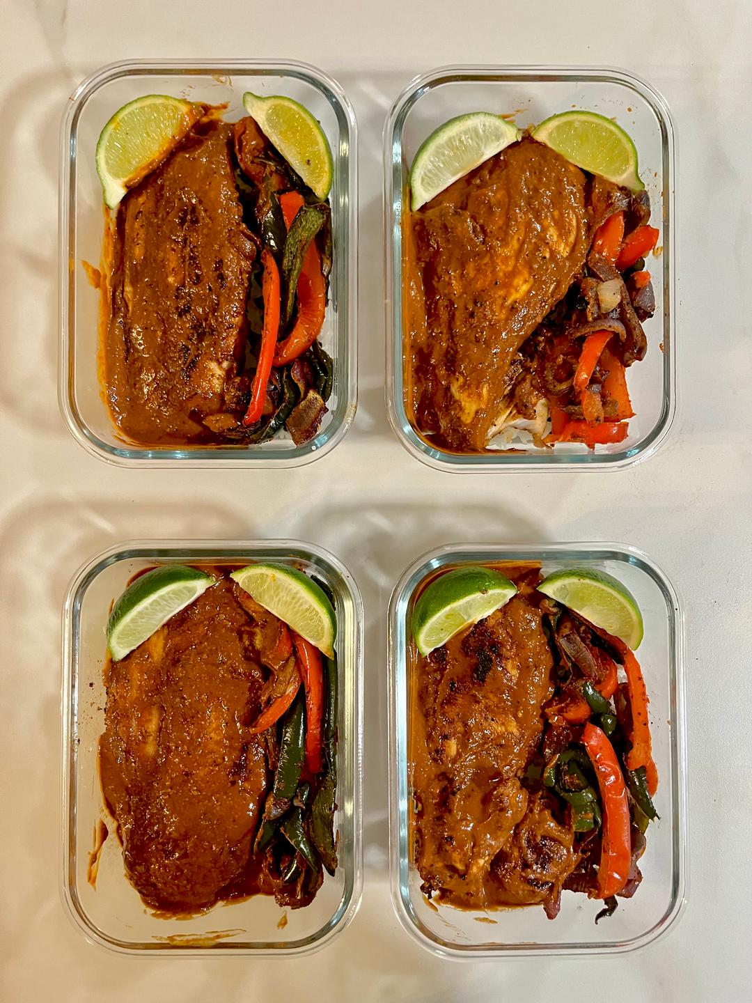 Four prepared servings of Smoky Chicken Mole Bowls
