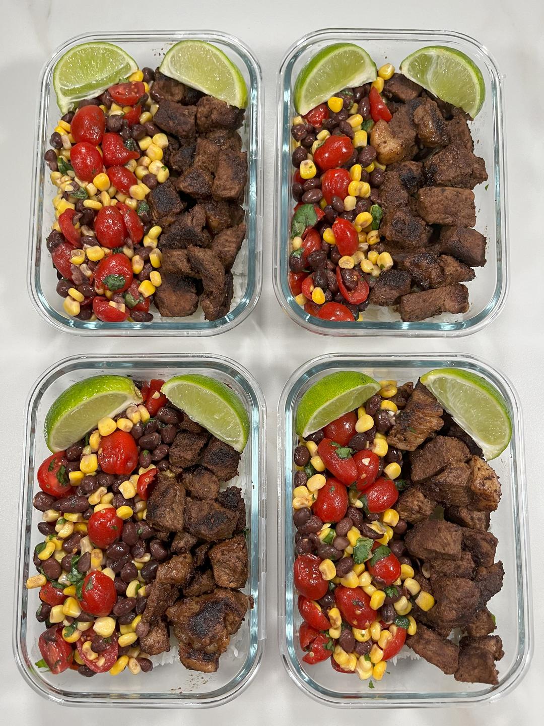Four prepared servings of Southwest Steak Burrito Bowl