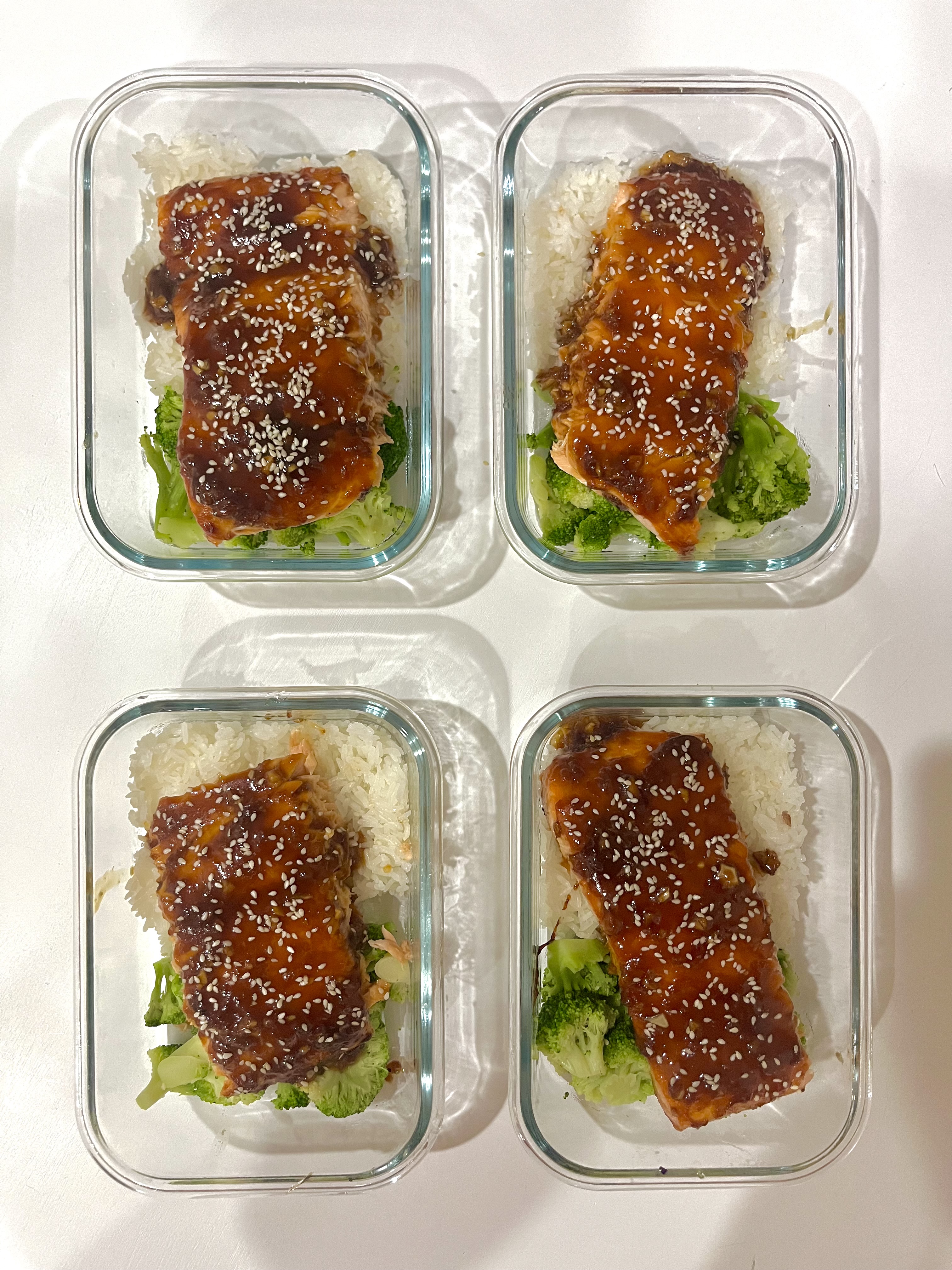 Four prepared servings of Salmon Teriyaki Bowls
